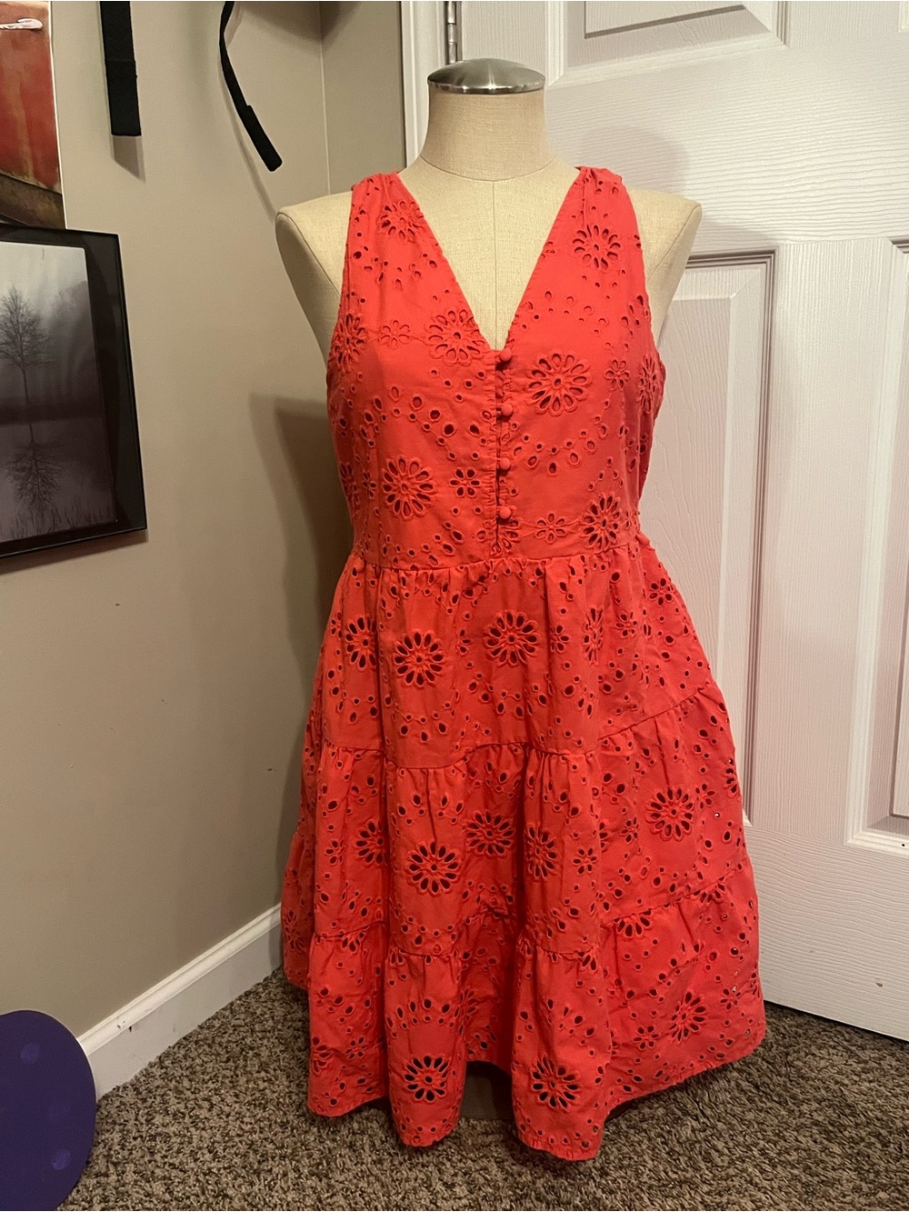 Time and Tru Coral Red Eyelet V-Neck Tiered Dress